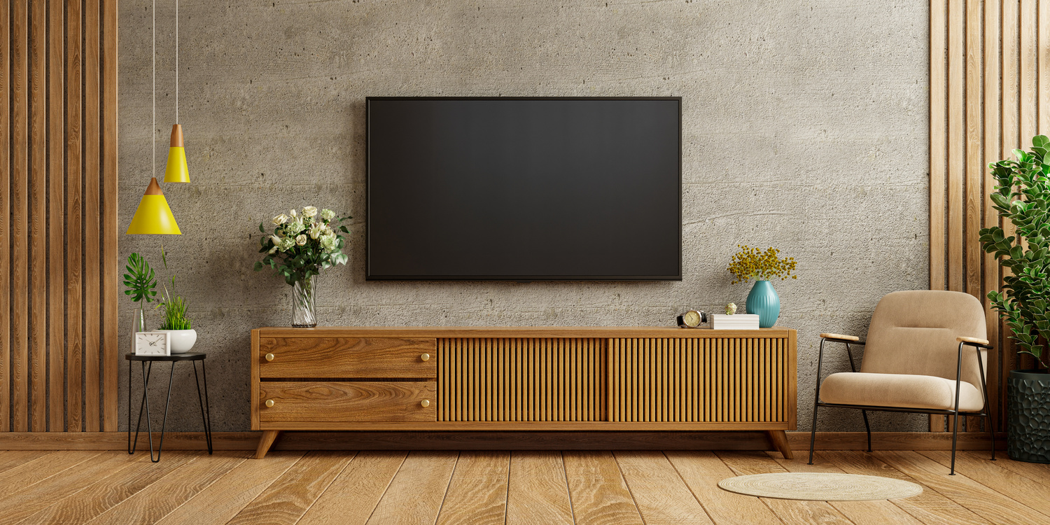 Wall TV in Modern Living Room with Wooden Interior 