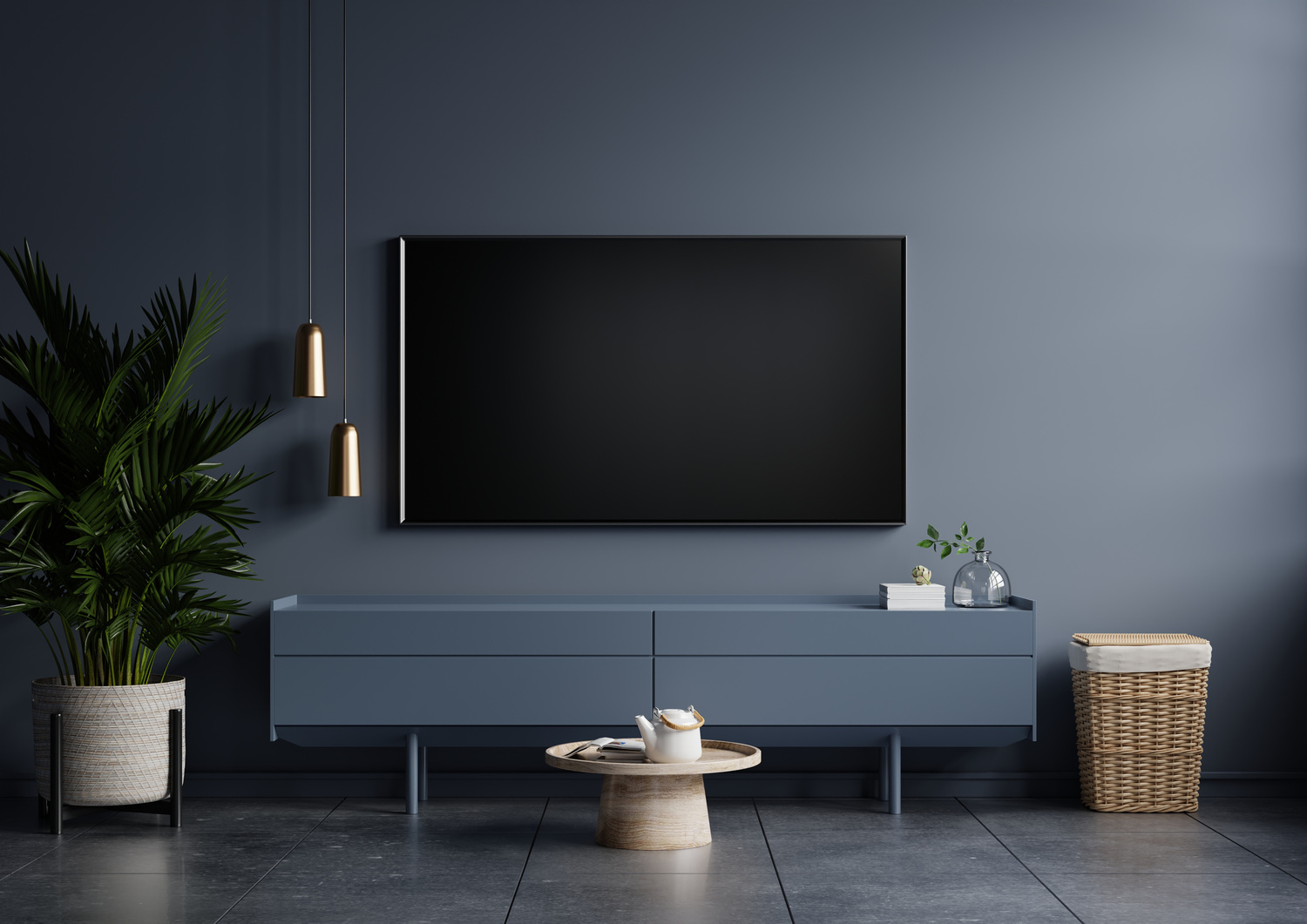 Modern Interior of Living Room with TV on the Cabinet 