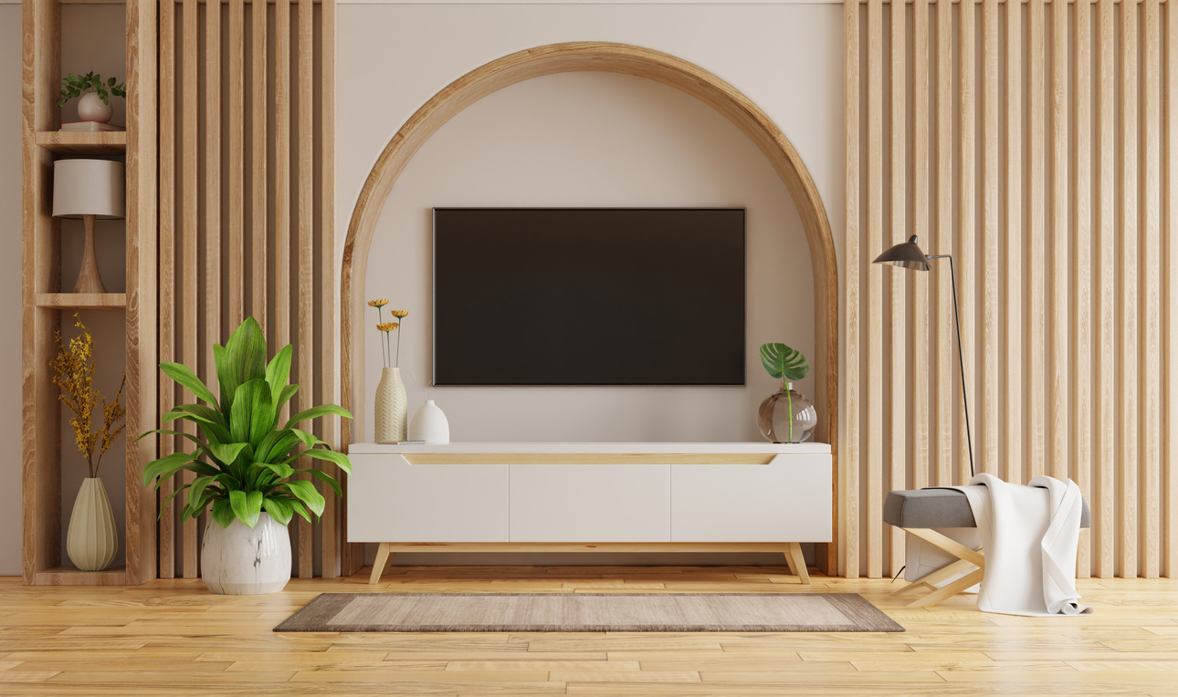 Living room interior with tv on cabinet and decorative.